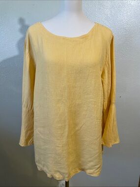 Coastal Lagenlook Linen Ruffle Cuff Tunic Top Butter Yellow Cut Loose XL X-Large